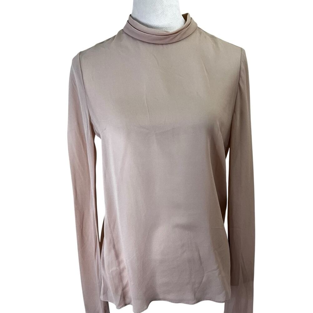 Hanii Y 100% Silk | Blush Mock Neck Blouse Top | Long Sleeve | Size 40 NWT